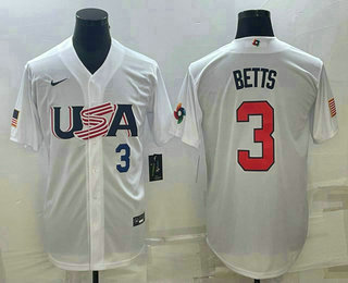 Men%27s USA Baseball #3 Mookie Betts Number 2023 White World Baseball Classic Replica Stitched Jerseys